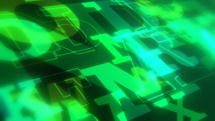 サイバー風のアルファベットが立体的に斜めに並んだ背景 - グリーン