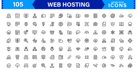 Vector Icon Collection for Web Hosting Including Server Management, Cloud Hosting, Domains, Security, and Web Infrastructure Tools for Digital Assets