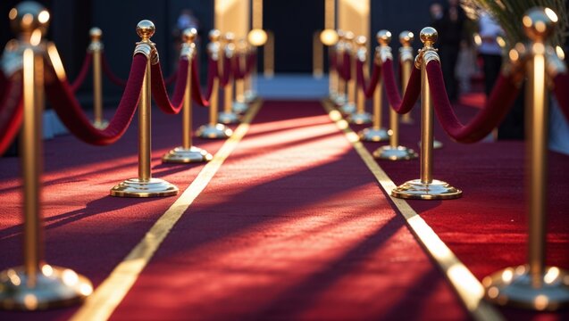 A long red carpet walkway with golden stanchions and velvet ropes, ready for a special event.
