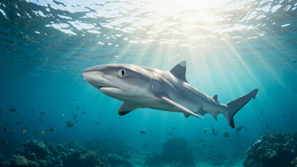 Fototapeta premium Great white shark swimming in blue tropical ocean water