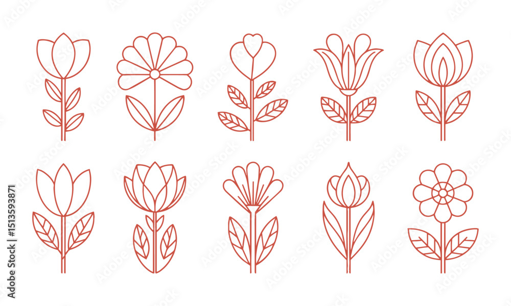 Poster a collection of minimal modern vector-style flower illustrations, include a wide variety of stylized