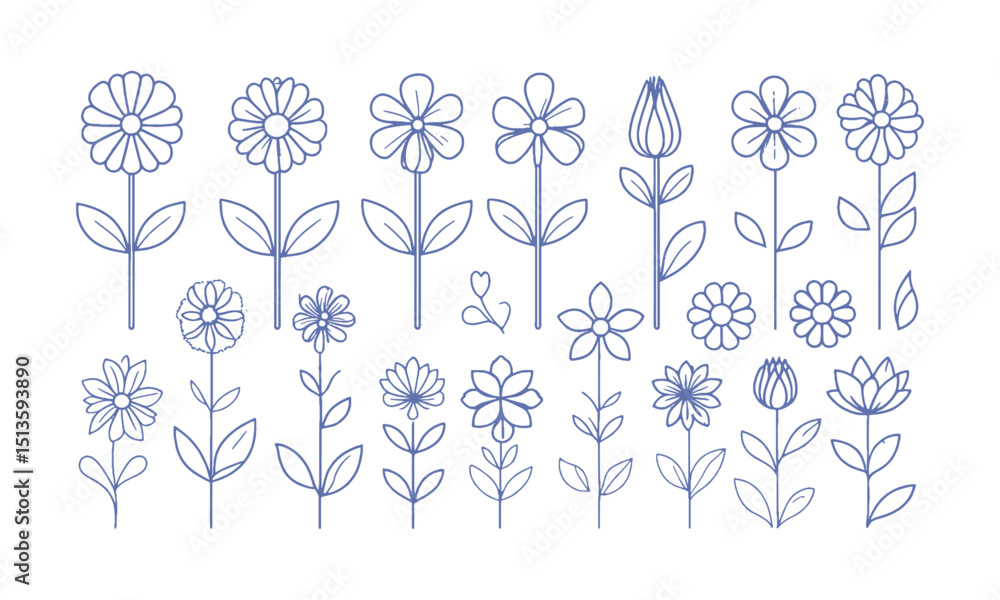 Poster a collection of minimal modern vector-style flower illustrations, include a wide variety of stylized