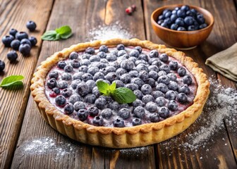 Freshly baked blueberry pie on a wooden table