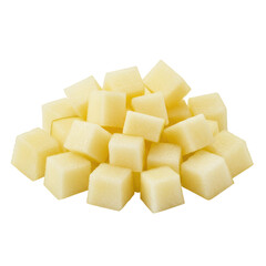 Pile of fresh, cubed potatoes, ready for cooking on a white background, bright and appetizing