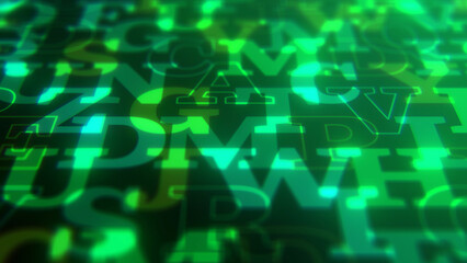 サイバー風のアルファベットが立体的に並んだ背景 - グリーン