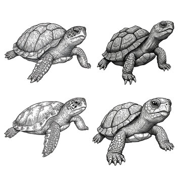 Detailed grayscale illustrations of four different sea turtles