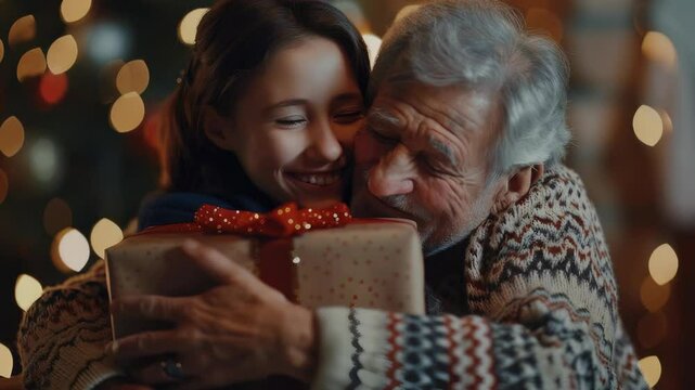 Grandfather and Granddaughter Embrace Over Present. Heartwarming holiday moment as generations connect with love and joy. Festive cheer shared between family members. 