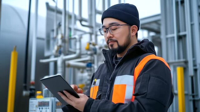 Technician with a digital tablet reviewing remote sensor data while visually inspecting the external control valves on the LNG storage tank, surrounded by precision-engineered moni