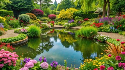 Fototapeta premium A serene garden with a tranquil pond surrounded by lush greenery and vibrant flowers