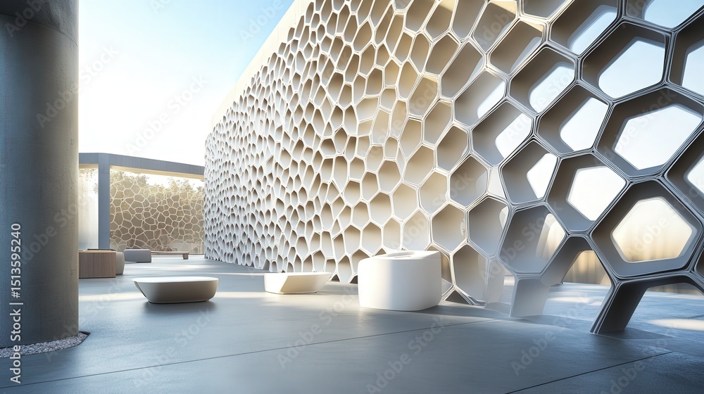 Poster a dynamic 3d honeycomb wall serves as the backdrop for a product display stand, making it an ideal s