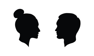 Silhouette of a man and woman facing each other on a white background. Ideal for relationship, communication, gender, or human profile concepts under microstock license for commercial use.