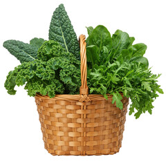 Naklejka premium Woven basket brimming with fresh greens, showcasing a variety of leafy vegetables isolated