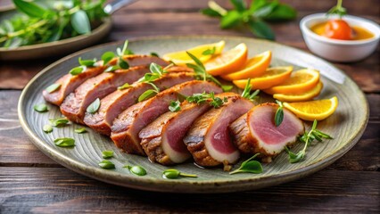 Sliced duck breast on a plate with a hint of citrus sauce and fresh herbs