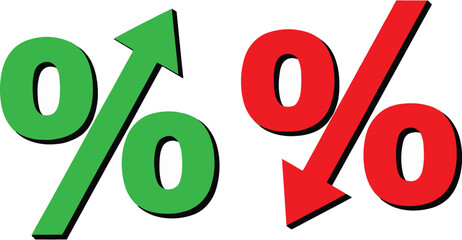 Minimalist Percentage Symbols with Upward Green and Downward Red Arrows — Increase vs Decrease Concept Illustration