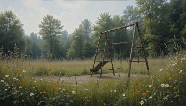 Lonely swing set stands in a tranquil field surrounded by wildflowers under a soft, cloudy sky at dawn
