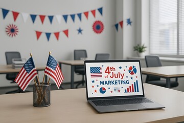 Modern Office Decorated for 4th of July with Laptop Showing Marketing Graphics and American Flags on Desk - Independence Day Corporate Celebration Concept