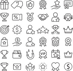 Fototapeta premium Benefit set of web icons in line style. Exclusive benefits linear icon collection. Containing reward, bonus, loyalty, star, winner, award, prize, incentive, reward and more. Editable stroke