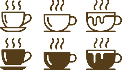 Minimalist Line Art and Solid Brown Coffee Cups Set — Six Coffee Cup Illustrations with Steam and Saucers
