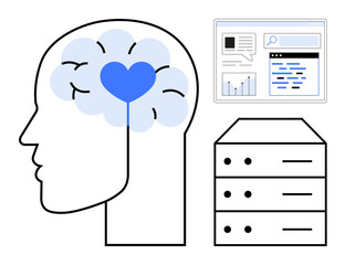 Human head with brain and heart inside, server stack, and digital interface screen. Ideal for AI, machine learning, data storage, emotional intelligence, healthcare, innovation simple landing page
