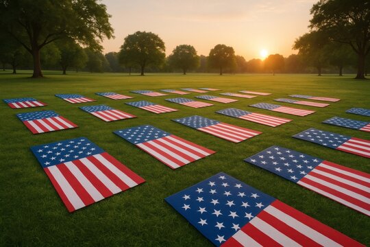 Fourth of July Sunrise Yoga with American Flag Mats in Park - Patriotic Wellness and Fitness Scene - Powered by Adobe