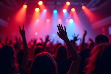 A vibrant concert scene with a cheering crowd, colorful stage lighting, and raised hands, creating an energetic and lively atmosphere