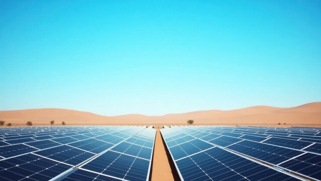 Parque solar en un paisaje des&eacute;rtico. Hileras de paneles fotovoltaicos, cielo azul despejado, concepto de energ&iacute;a limpia, visi&oacute;n de futuro sostenible