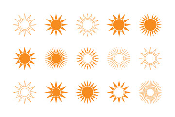 Set of 15 Minimalist Sun Icons in Warm Orange and Beige — Geometric Radiating Rays on White Background