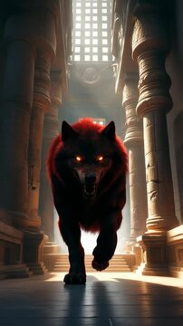 Fierce Red Wolf Walking Towards the Camera in Ancient Temple, Fantasy Creature, Mythological Beast, 3D Render