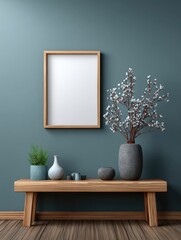 Modern minimalist room with wooden bench, framed art, and decorative vase