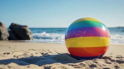 Obraz premium a rainbow-colored inflatable beach ball resting on the sand, with a clear, sunny sky and the ocean in the background.