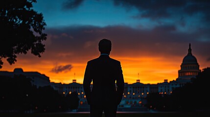 Fototapeta premium Silhouette of a person facing a colorful sunset over a government building.