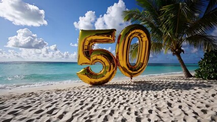 Golden 50 balloons on tropical beach celebrate milestone occasion with ocean view