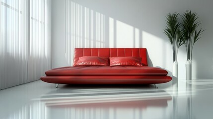 Modern Luxurious Bedroom with Red Leather Accents and Glossy White Elegance

