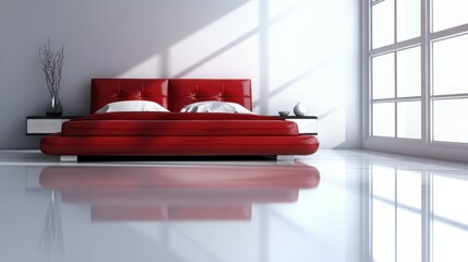 Modern Luxurious Bedroom with Red Leather Accents and Glossy White Elegance

