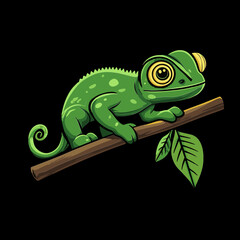 Fototapeta premium Chameleon on Branch: A charming illustration of a vibrant green chameleon, its intricate patterns and expressive eye. The chameleon is perched on a branch, rendered in stunning detail.