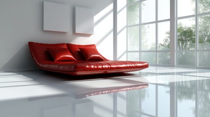 Modern Luxurious Bedroom with Red Leather Accents and Glossy White Elegance

