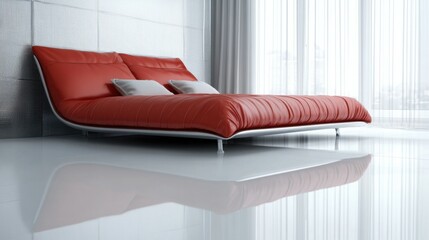 Modern Luxurious Bedroom with Red Leather Accents and Glossy White Elegance


