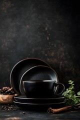 Fototapeta premium Dark moody aesthetic black coffee cup plates