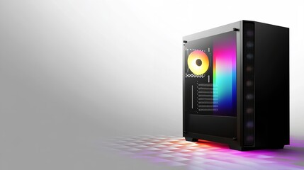 Black Gaming PC Case with Rainbow LED Lights Isolated on White Background