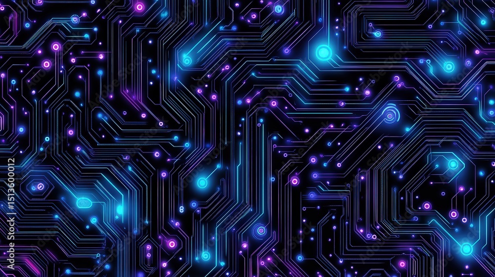 Poster a high-tech futuristic circuit board pattern that seems to stretch into the unknown, with glowing bl