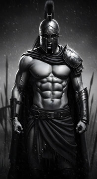 Dramatic monochrome illustration of heroic warrior in ornate armor