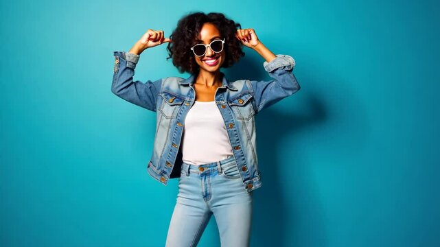 a stylish young woman with black skin and sunglasses dancing confidently against a bright blue background. Her radiant energy and trendy outfit reflect a fun and bold personality