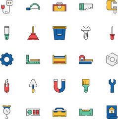 Toolbox Carpenter tools icons set. saw, wrench, Carpenter, tools, paint scale, driller, hammer and more, Outline icon collection for web and ui, Editable stroke, pixel perfect.