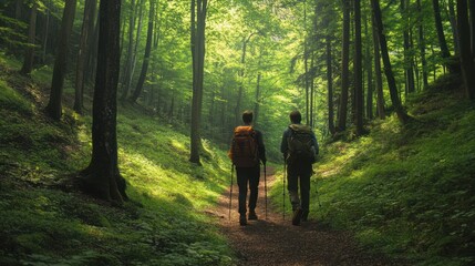 Obraz premium Hikers traversing a verdant forest pathway on a sun-dappled exploration