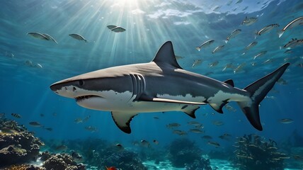 Great White Shark Swimming Over Coral Reef in Clear Blue Ocean