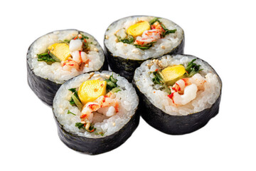 Fresh Sushi Rolls with Shrimp and Vegetables on White Background