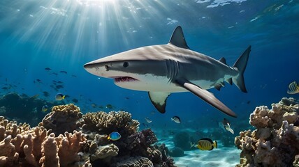 Great White Shark Swimming Over Coral Reef in Clear Blue Ocean