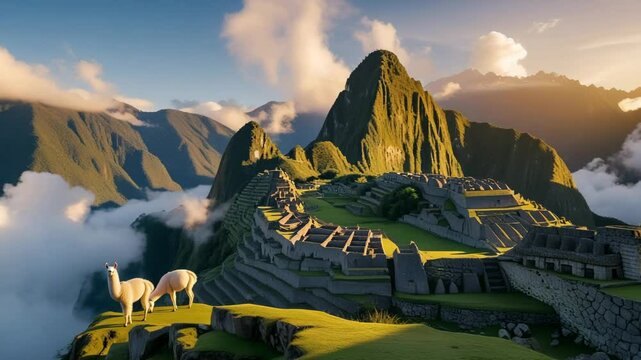 Majestic Machu Picchu at Sunrise with Llamas: Panoramic View of Ancient Inca Citadel in Peruvian Andes