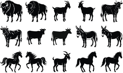 Fototapeta premium Collection of silhouetted farm animals including buffalo cows goats donkeys and horses isolated on white