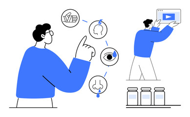 Man pointing at senses icons, another figure holding a video panel. Medicine bottles below. Ideal for education, knowledge sharing, health, senses, learning tools, innovation concepts simple landing